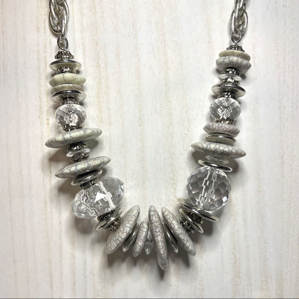 Large Chunky White Beige Silver Statement Necklace